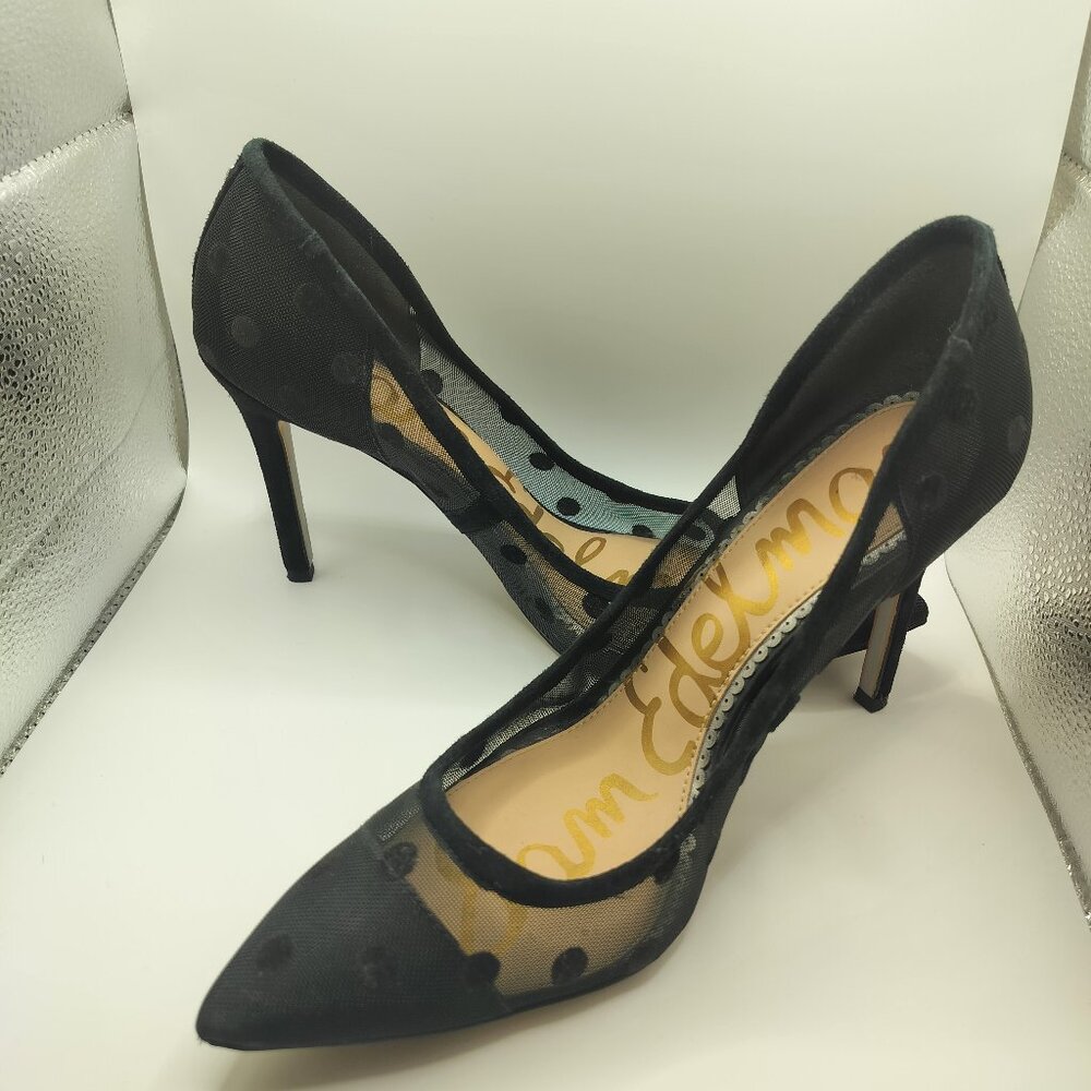 Black Mesh Polka Dot Pointed Toe Stiletto Heels Pumps Size 7 Sam Edelman